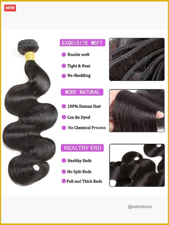 Body Wave Human Hair Bundles 3pcs w/ 4x4 Lace Closure 16in 100% Unprocessed